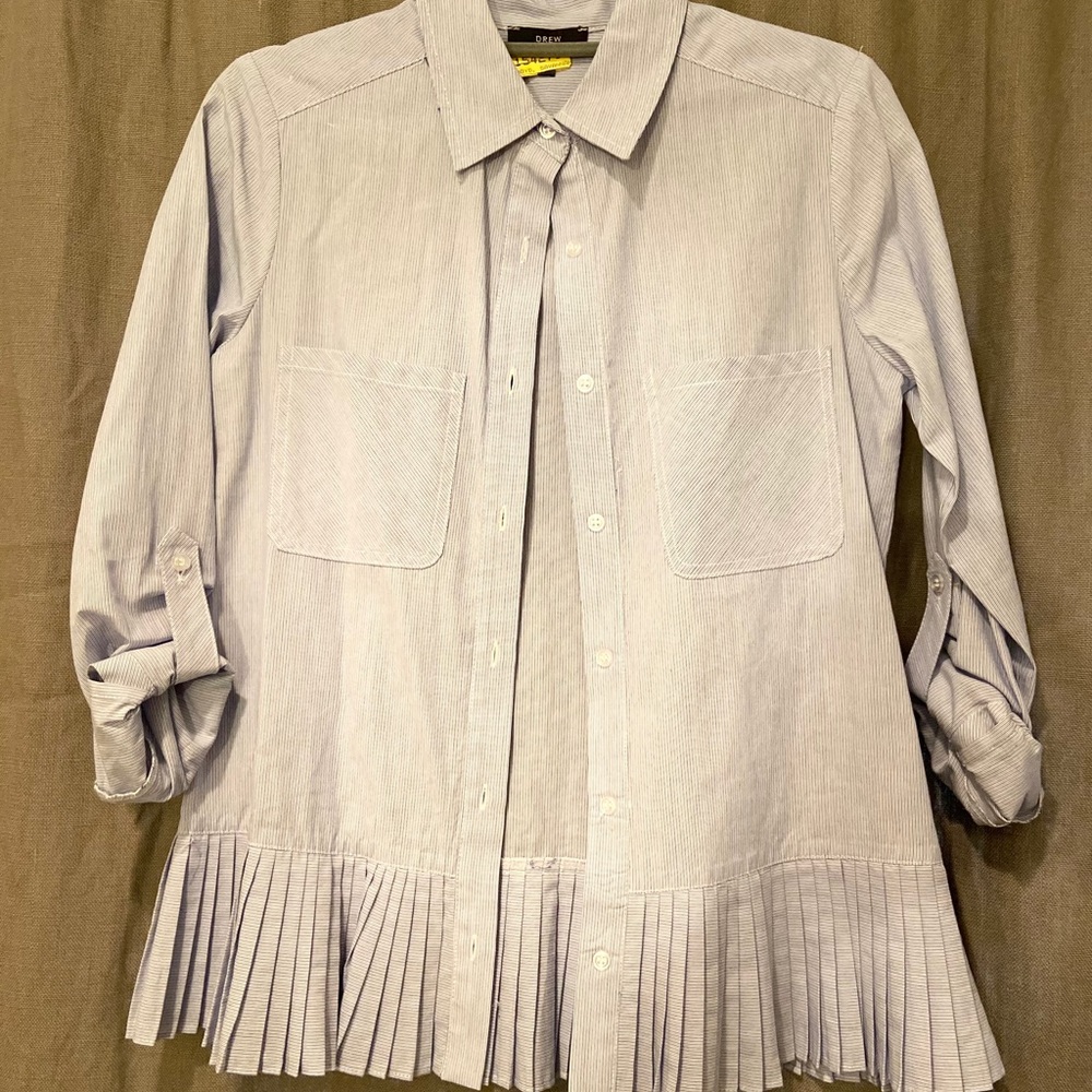Drew blue/white button up ruffle bottom top